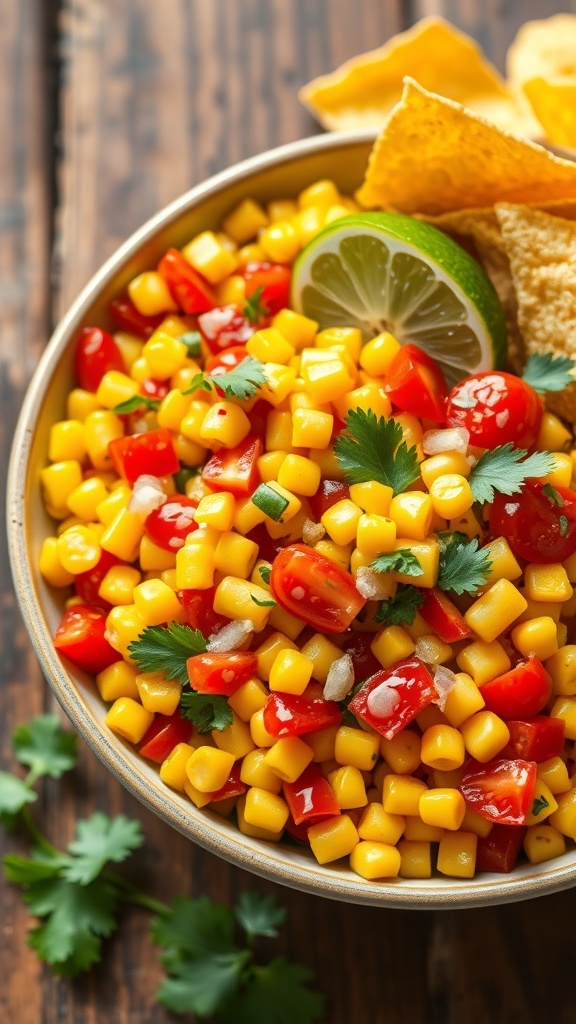 A bowl of chipotle corn salsa with corn, tomatoes, and cilantro, served with tortilla chips on a wooden table.